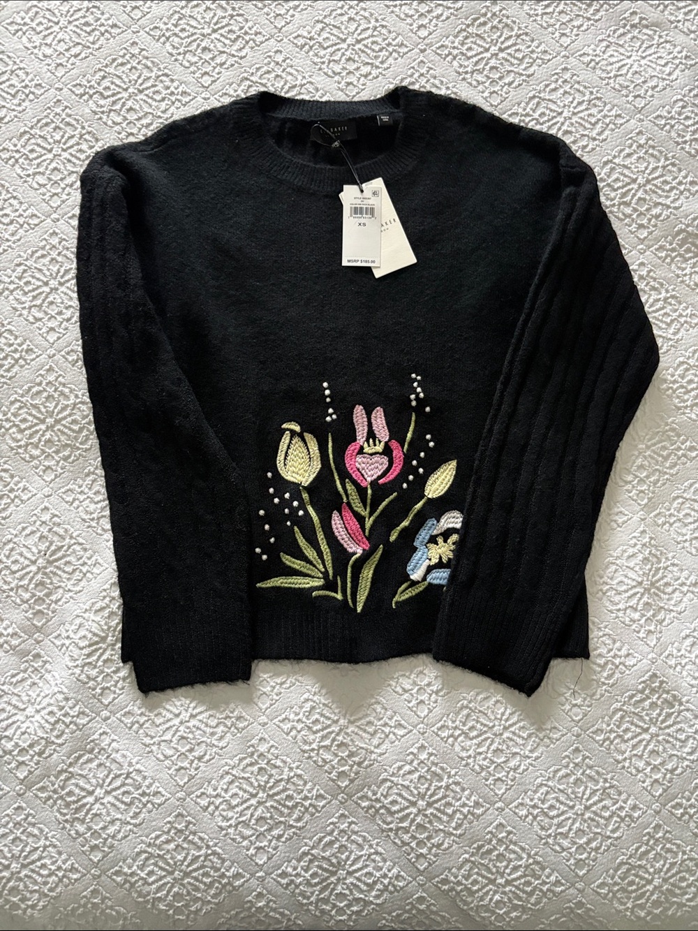 Ted Baker Black Crewneck Sweater with Pink & Green Floral Embroidery